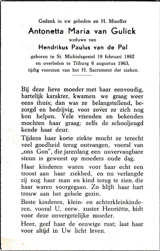 Gulick Antonetta  1882 St. Michielsgestel 1963 Tilburg, Ophalen of Verzenden, Bidprentje
