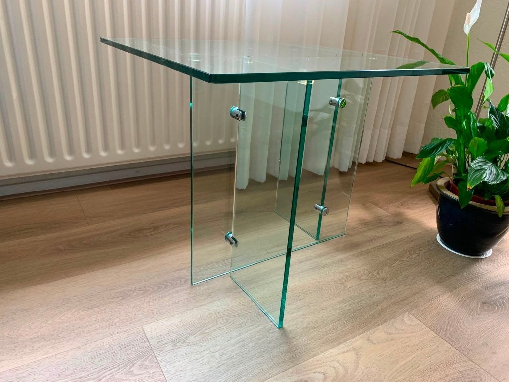 glazen bijzet tafel, Huis en Inrichting, Tafels | Bijzettafels, Vierkant, 55 tot 75 cm, Modern, Ophalen