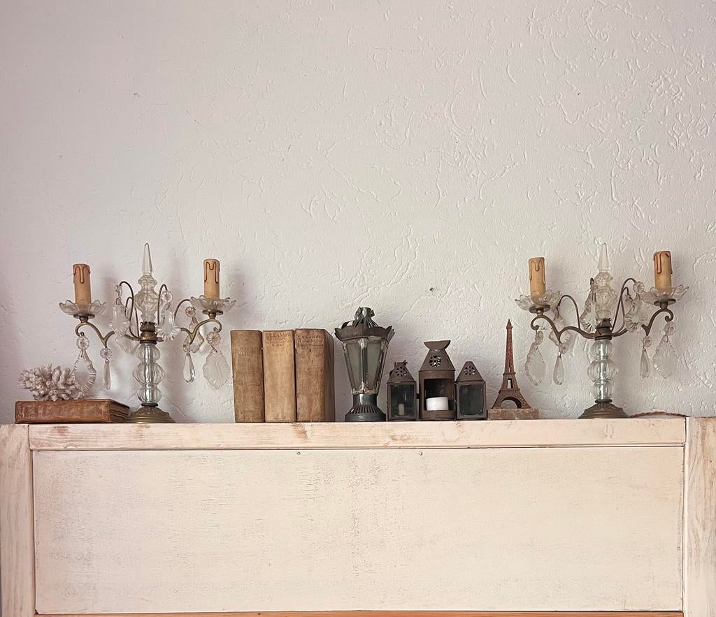 2 girandoles met pinakels glaspegels kroonluchter antiek oud, Ophalen of Verzenden