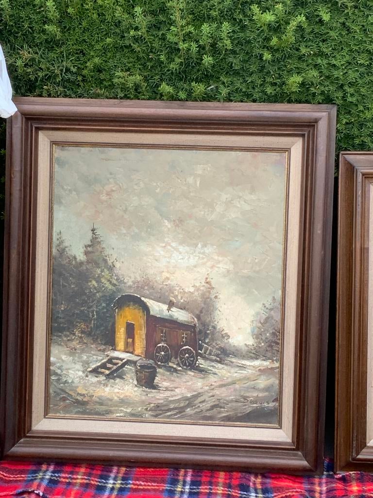 Pipowagen in een sneeuwlandschap, Antiek en Kunst, Kunst | Schilderijen | Klassiek, Ophalen