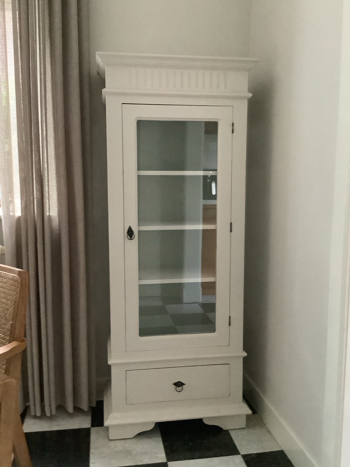 Brocante vitrinekast met lade, crème wit, Ophalen, Minder dan 50 cm, Gebruikt, Met lade(s)