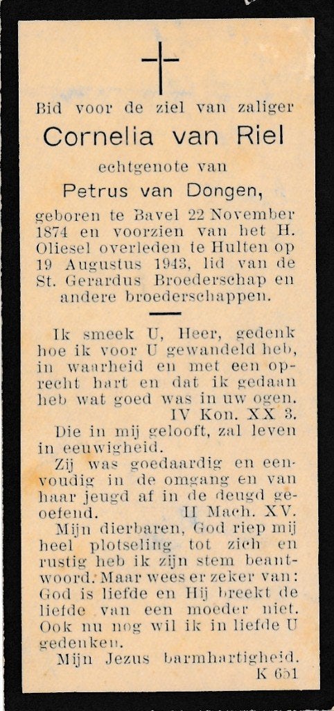 Riel Cornelia 1874 Bavel 1943 Hulten, Ophalen of Verzenden, Bidprentje