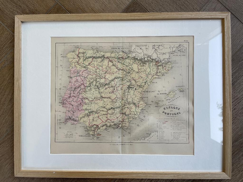 1860 Spanje en portugal - lijst - landkaart - P0625-009, Ophalen of Verzenden, Ets, 1800 - 1899