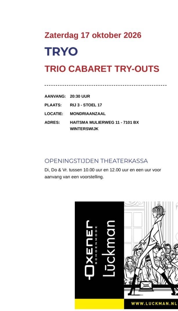 Twee kaartjes TRYO theater De Storm 17 okt, Twee personen, Oktober