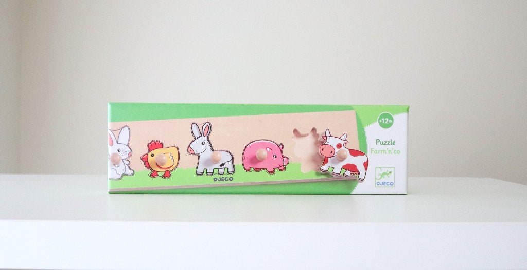 Nieuw! Djeco Knopenpuzzel Farm'n'Co, 5 stukjes, Nieuw, Ophalen of Verzenden, Van hout, Minder dan 10 stukjes