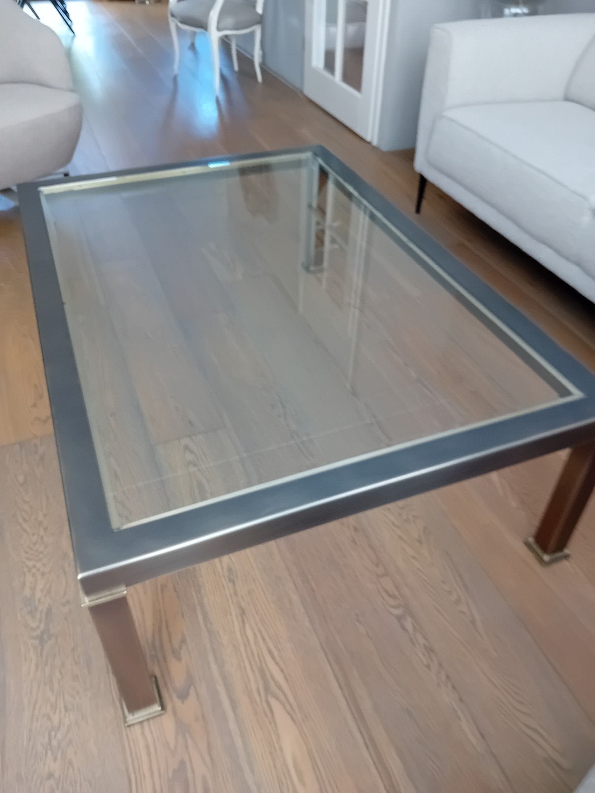 Glazen salontafel facet geslepen blad en bronskleurig fra, Ophalen, Gebruikt, 100 tot 150 cm, 50 tot 100 cm