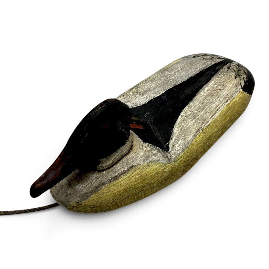Twee houten lokvogels, grote zaagbek en brilduiker, Houtsnijwerk, Ophalen of Verzenden, 20 - 50 cm, Hout