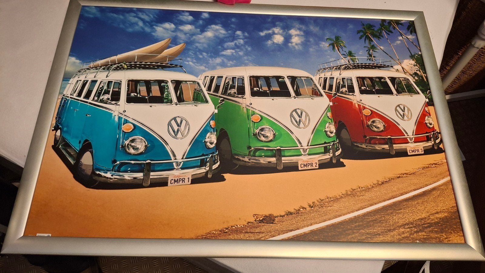 Poster met lijst: 3 Volkswagen busjes, Ophalen, Gebruikt, Foto of Poster