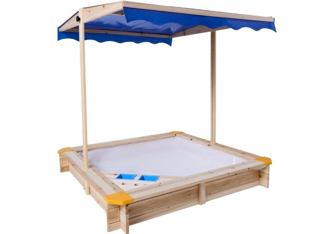Houten zandbak met blauw zonnescherm, Kinderen en Baby's, Speelgoed | Buiten | Zandbakken, Ophalen, Gebruikt