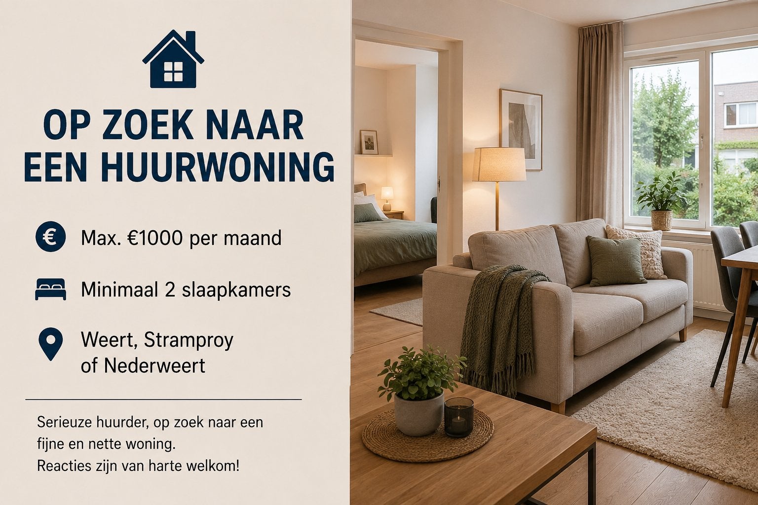 GEZOCHT: HUURWONING WEERT,STRAMPROY, NEDERWEERT, Tickets en Kaartjes, Eén persoon, 3 overnachtingen of meer