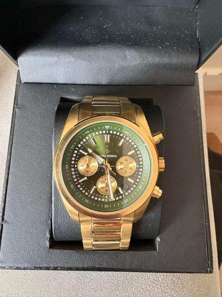Alpha Sierra Herenhorloge Goud met Groene Wijzerplaat, Overige merken, Staal, Polshorloge, Ophalen of Verzenden