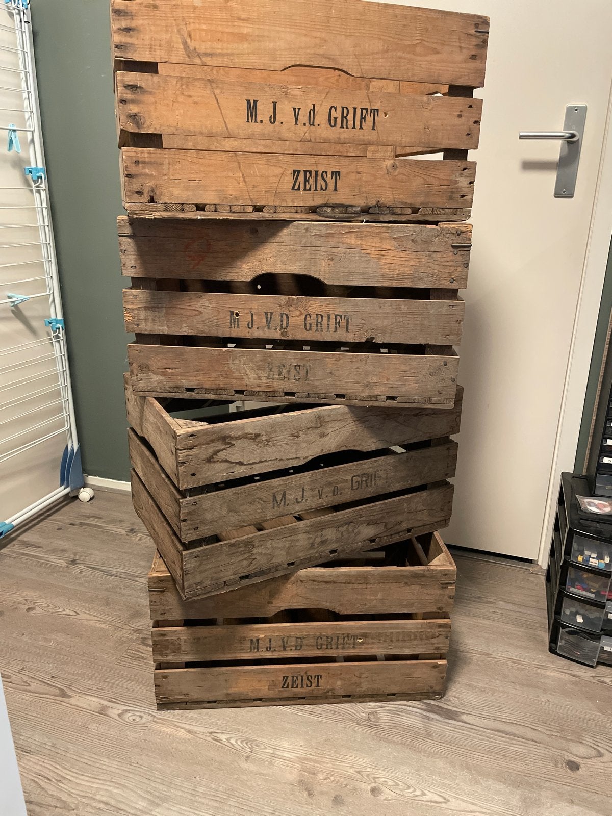 Vintage Houten Kratten M.J. v.d. Grift Zeist - Set van 5, Ophalen, Gebruikt, 40 tot 60 cm, 50 tot 75 cm