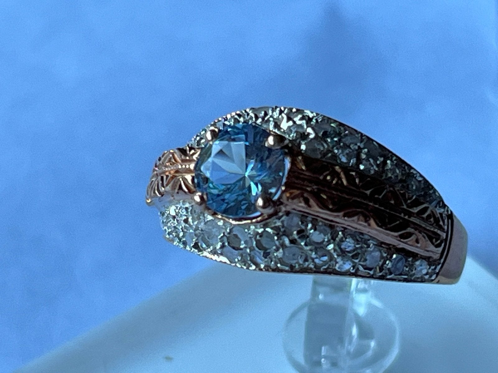 Gouden ring met Aquamarijn en Roosdiamant - Maat 17,25, Verzenden, Zo goed als nieuw, 17 tot 18, Met edelsteen