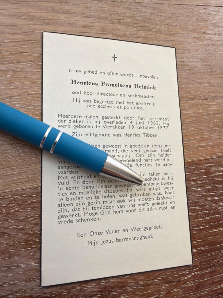 Helmink Henricus 1877 Vierakker 1963 x Tibben - E00225 -, Ophalen of Verzenden, Bidprentje