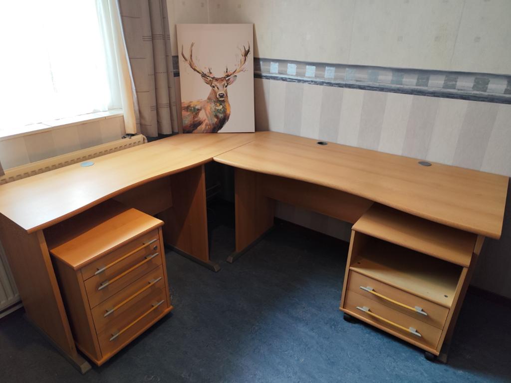 Hoek bureau licht eikenfineer met 2 kastjes, Ophalen, Gebruikt, Bruin, Hoekbureau