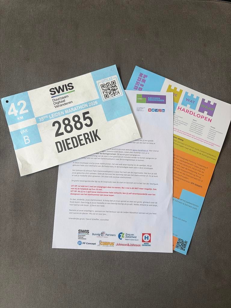 Startbewijs marathon leiden, Ophalen of Verzenden, Nieuw, Overige typen, Overige merken