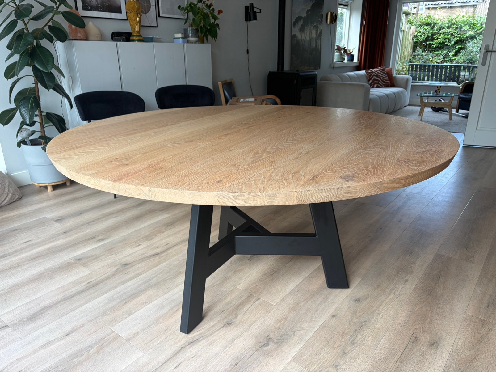 Ronde eikenhouten eettafel (160 cm) van Table du Sud, Ophalen, Gebruikt, 150 tot 200 cm, Rond