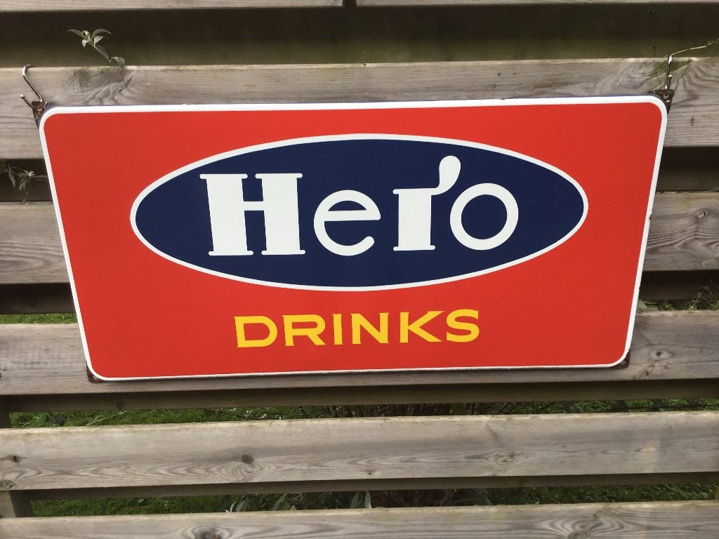Hero Drinks emaille reclamebord, Ophalen, Gebruikt, Reclamebord