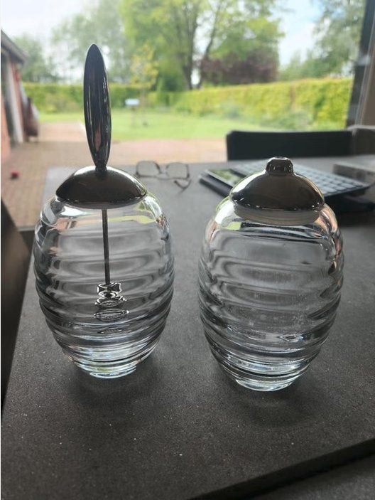 Alessi Honing + suikerpot  Ontwerp Theo Williams zgan, Glas, Zilver, Ophalen of Verzenden, Zo goed als nieuw