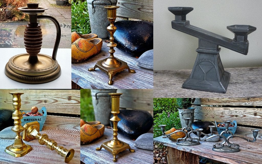 6x Antiek Koperen & Tin / Tinnen Kandelaars Kaarsenstandaard, Ophalen of Verzenden, Koper of Brons