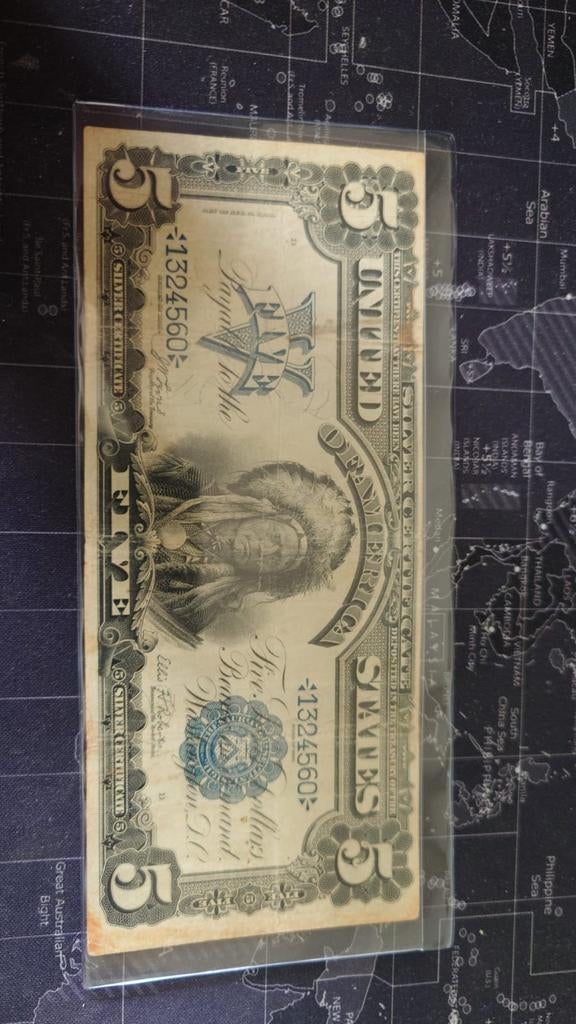 1899 5$ Silver Certificate USA, Ophalen, Noord-Amerika, Los biljet