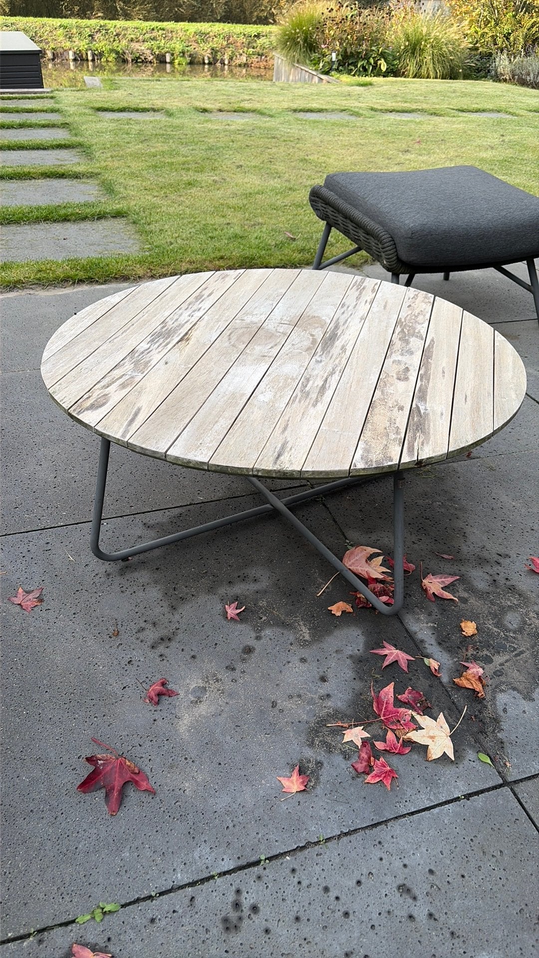 4SO Axel teak lounge tafel, rond 90 cm, Tuin en Terras, Ophalen, Gebruikt, Rond, Rvs