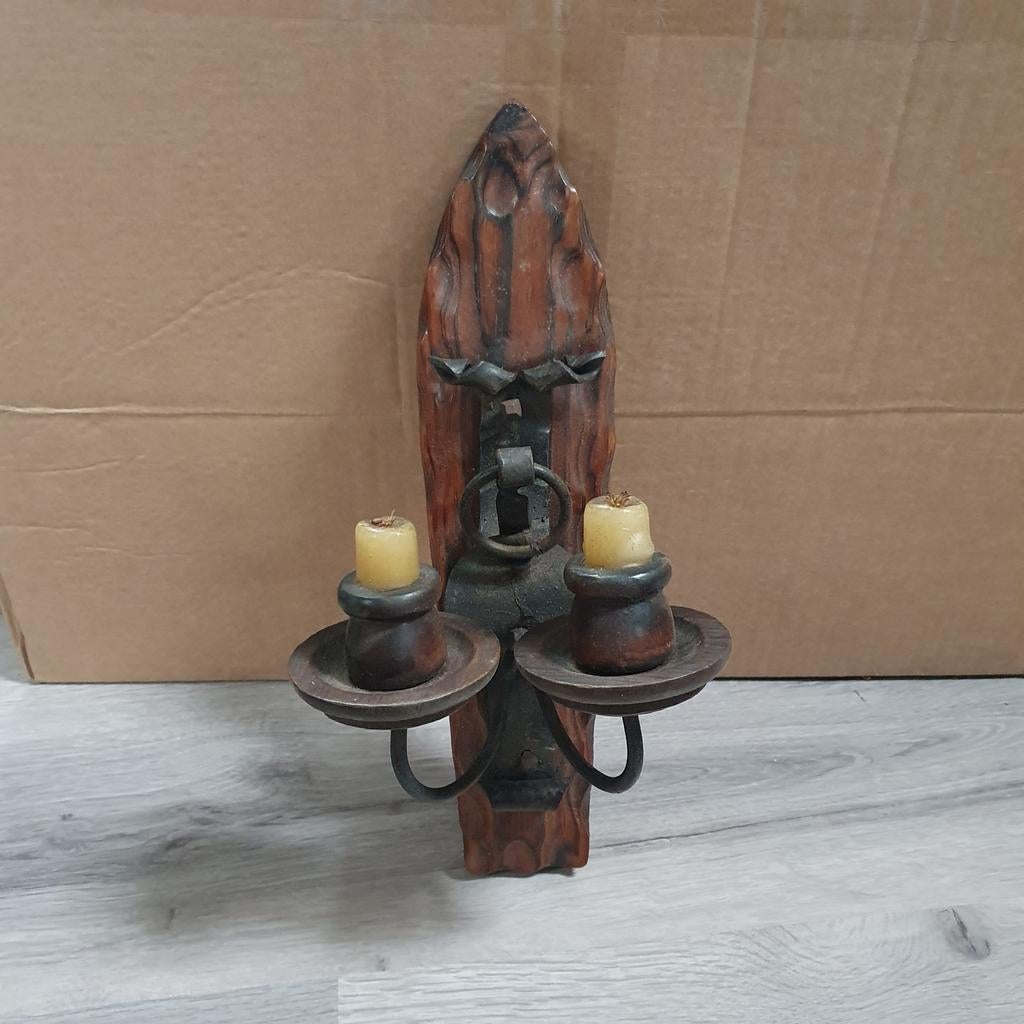 houten wandkandelaar met smeedijzer, Ophalen of Verzenden, Overige materialen