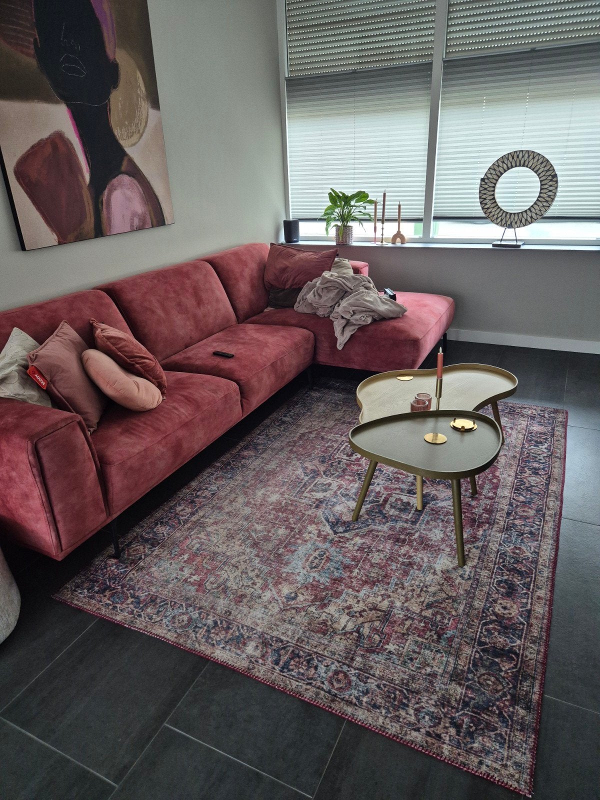 Vintage-look vloerkleed, rood/blauw, 160x230cm, Ophalen, Gebruikt, 200 cm of meer, Grijs