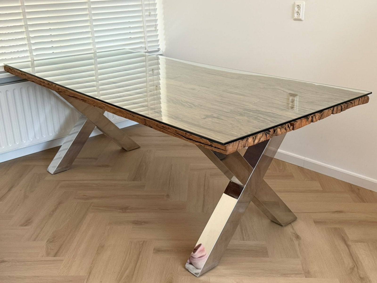 Luxe Eettafel 220L x 100B x 78H, Huis en Inrichting, Ophalen, Luxe Chique Hout Ijzer Mooi, Eikenhout, 200 cm of meer
