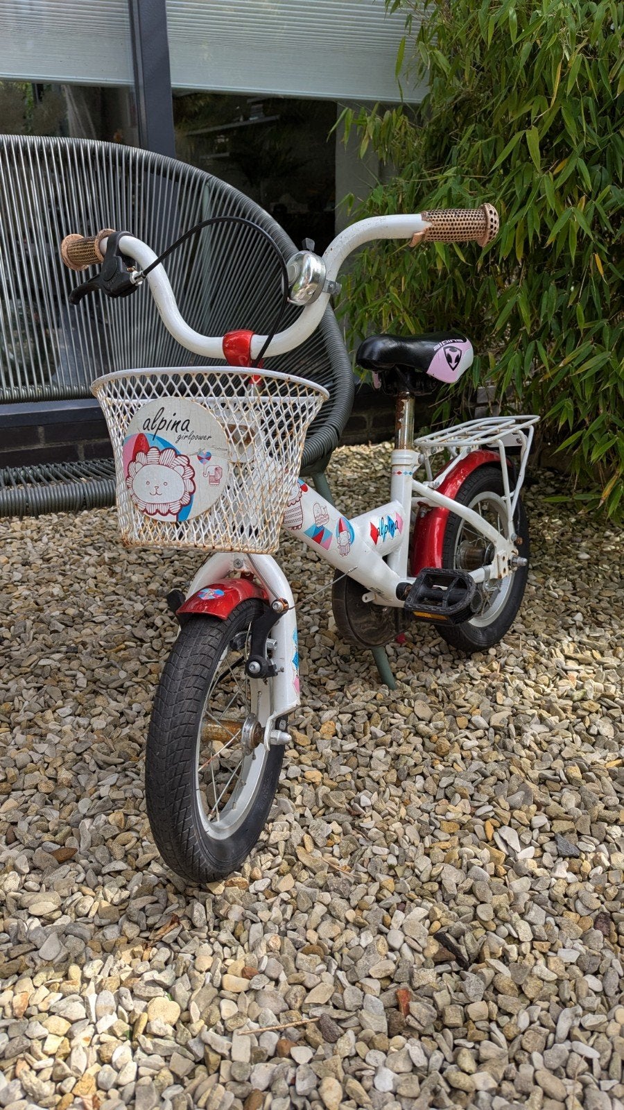 Alpina kinderfiets 12 inch met mandje en bagagedrager, Ophalen, Terugtraprem, Gebruikt, Alpina
