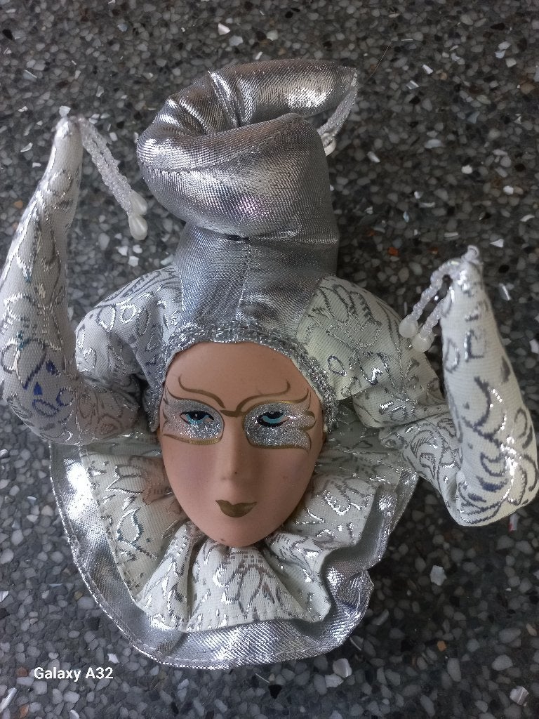 Venetiaans Masker, zilverkleurige wanddecoratie uit Venetië, Wandsculptuur, Zilver, Textiel, Ophalen of Verzenden