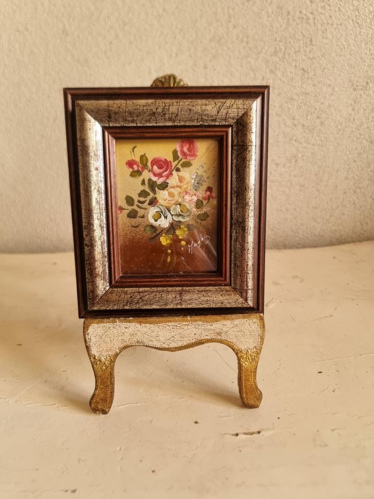Oud olieverf schilderijtje olieverfschilderij bloemen R17, Ophalen of Verzenden