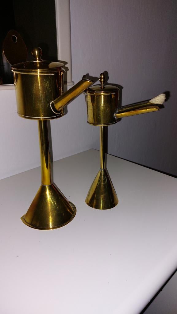 2x koperen snotneus olielamp, Antiek en Kunst, Antiek | Kandelaars, Ophalen of Verzenden, Koper of Brons