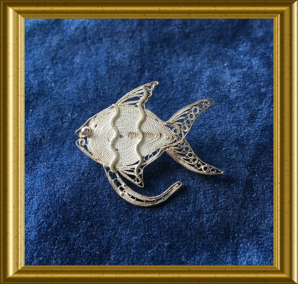 Mooie zilveren filigrain broche : vis, Sieraden, Tassen en Uiterlijk, Ophalen of Verzenden, Zilver, Broche