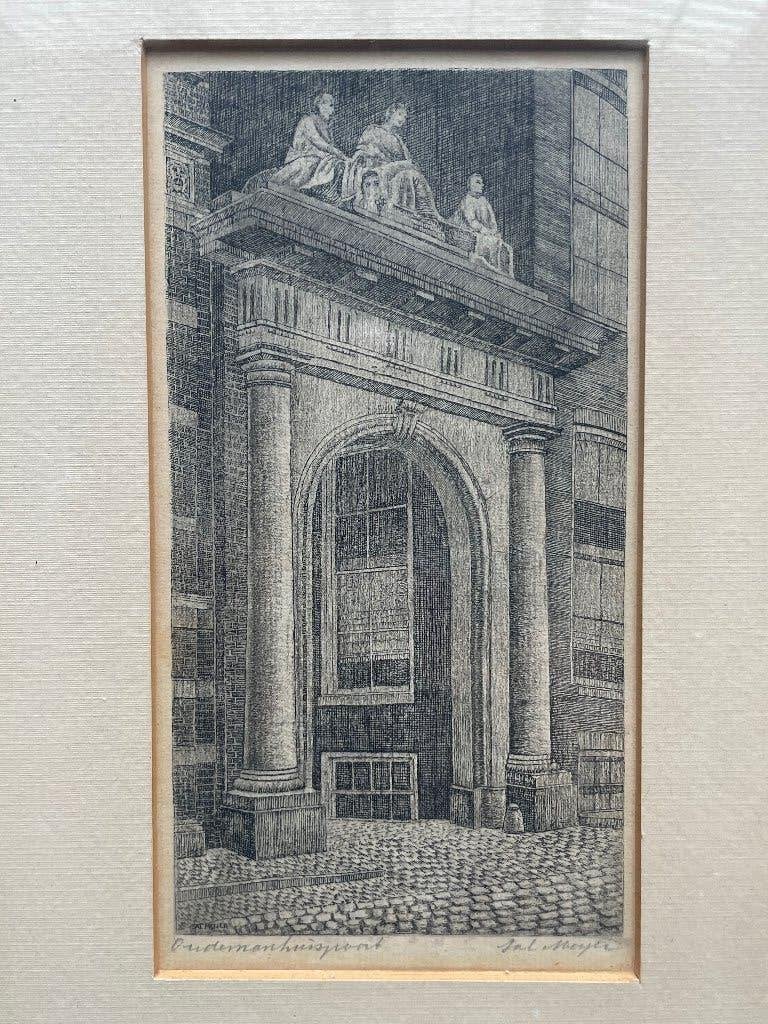 Ets Oudemanhuispoort te Amsterdam van Sal Meijer, Ets, Stadsgezicht, Ophalen of Verzenden, Gesigneerd