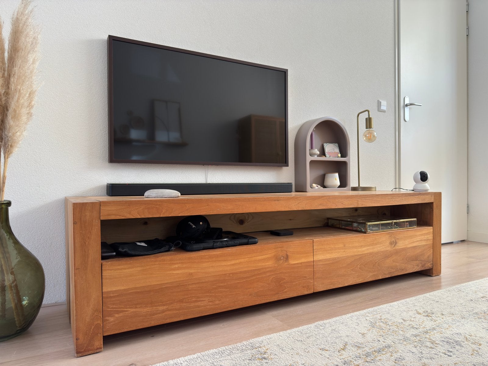 Teakhouten tv-meubel / dressoir met 2 lades, Ophalen, Gebruikt, Modern/Strak, 150 tot 200 cm