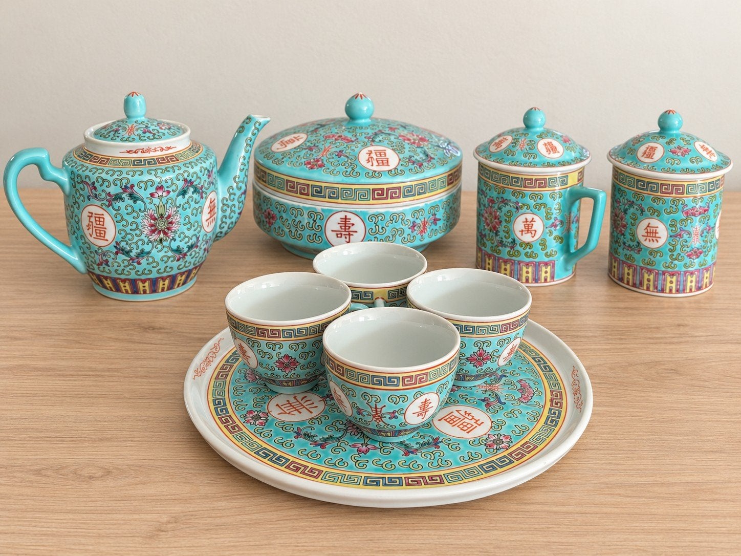 Vintage Jingdezhen Mun Shou theeservies – 13-delig, Ophalen