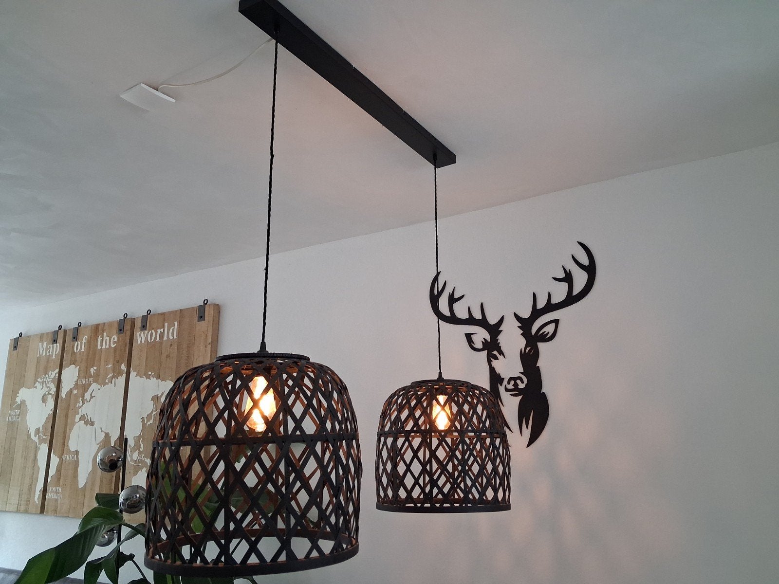 Set van 2 bamboe hanglampen - Zwart, Natuurlijk materiaal, Zo goed als nieuw, Modern, Bohemian, landelijk, E27 (groot)