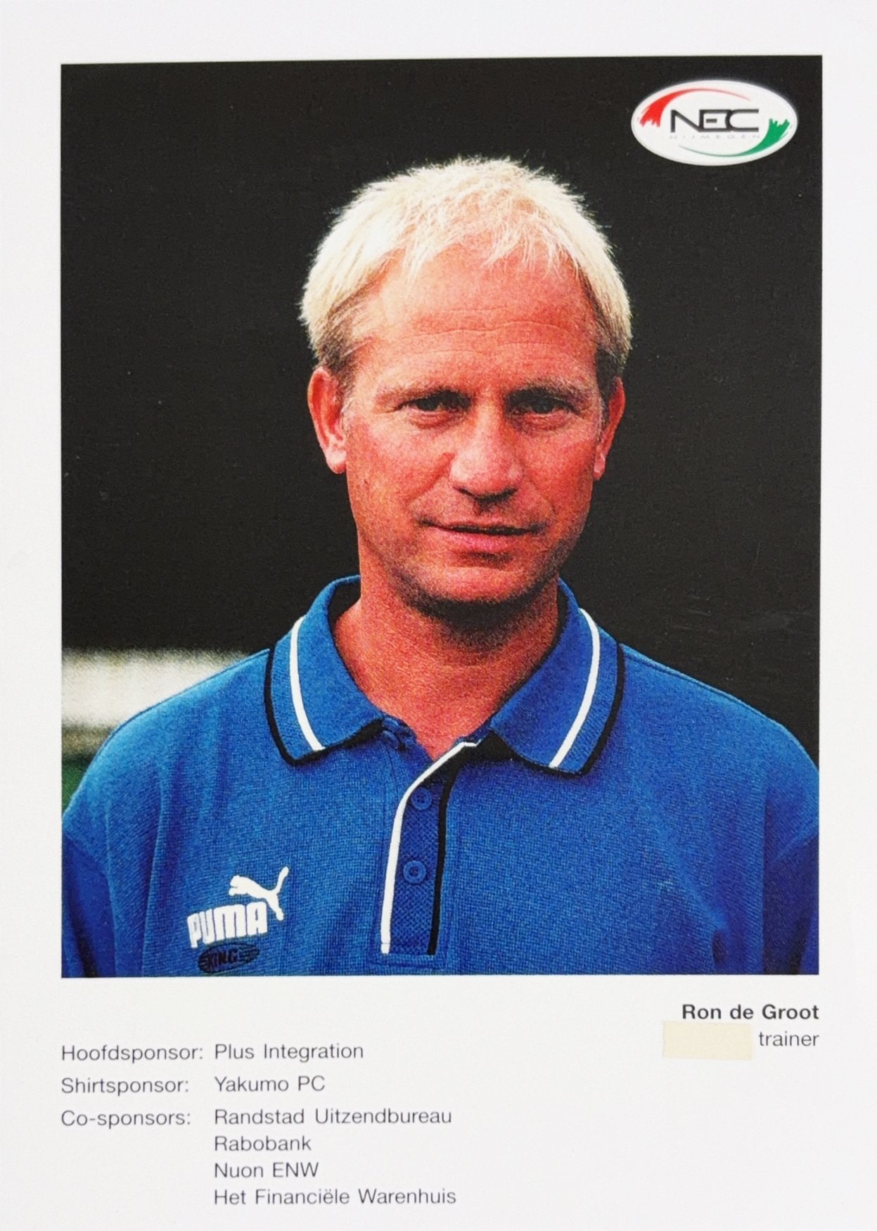 Spelerskaart Ron de Groot  - NEC Nijmegen - seizoen 99/00, Verzamelen, Ophalen of Verzenden, Zo goed als nieuw, Feyenoord, Spelerskaart
