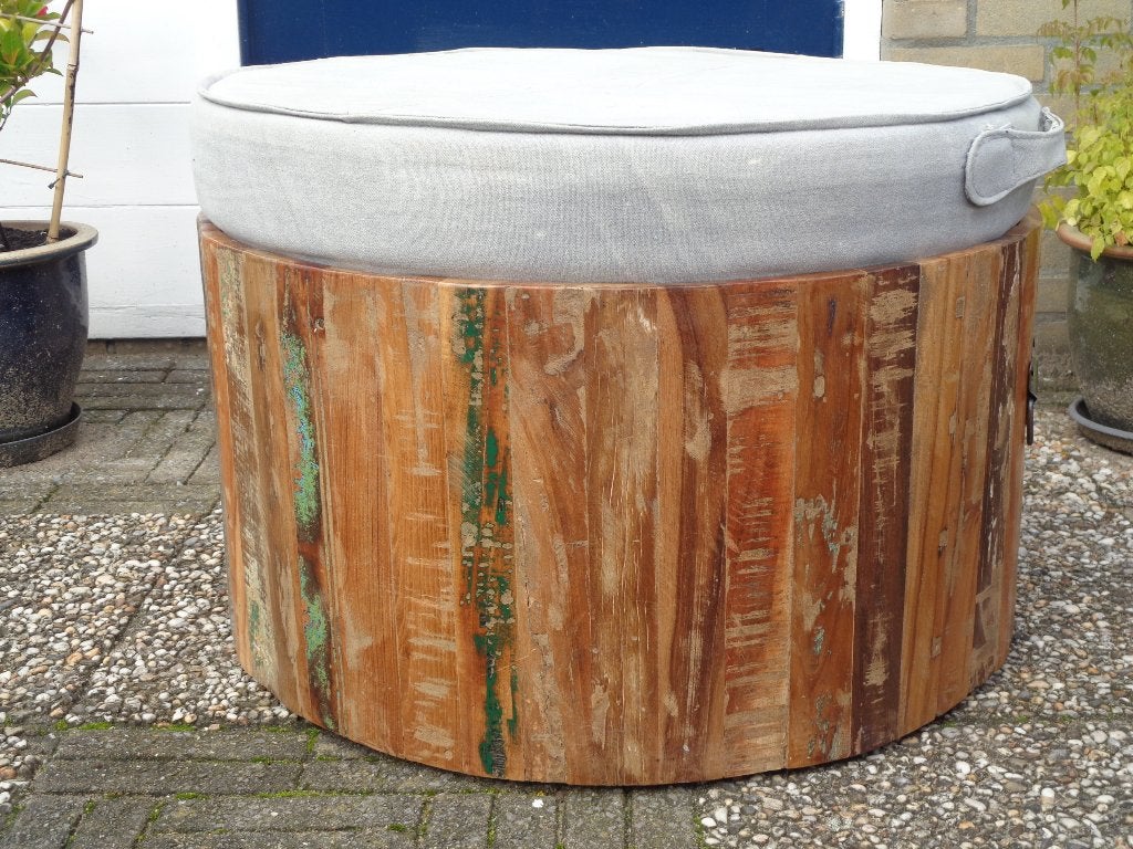 Vintage ronde houten salontafel en poef in één, Ophalen, Gebruikt, Stof, 50 tot 75 cm