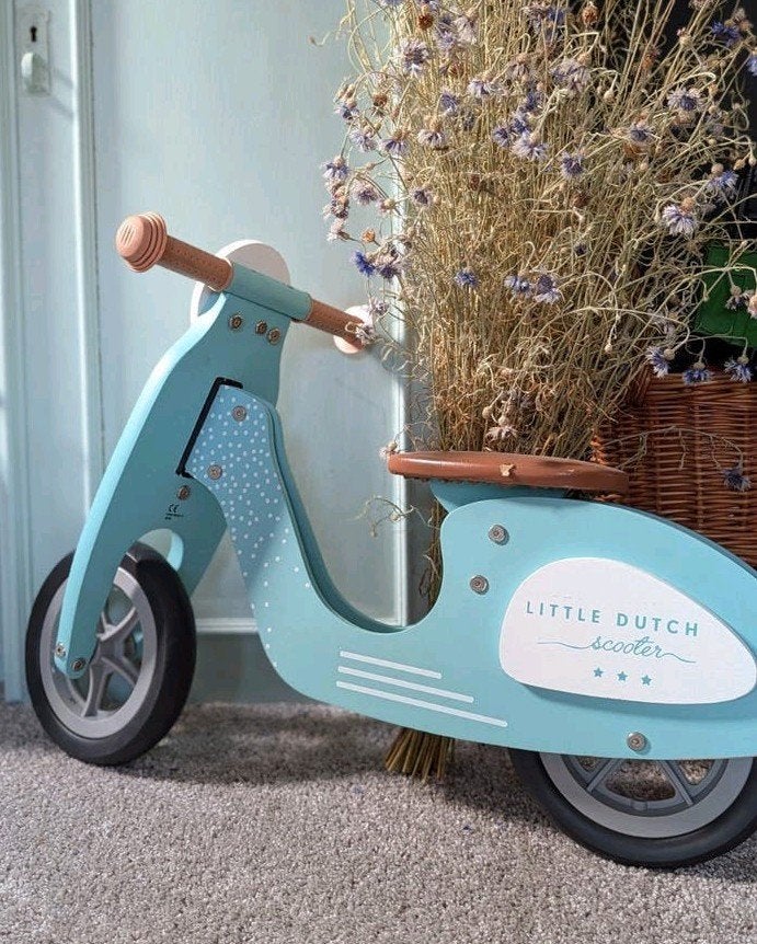 Houten Little Dutch Scooter loopfiets mint blauw, Kinderen en Baby's, Speelgoed | Buiten | Voertuigen en Loopfietsen, Ophalen
