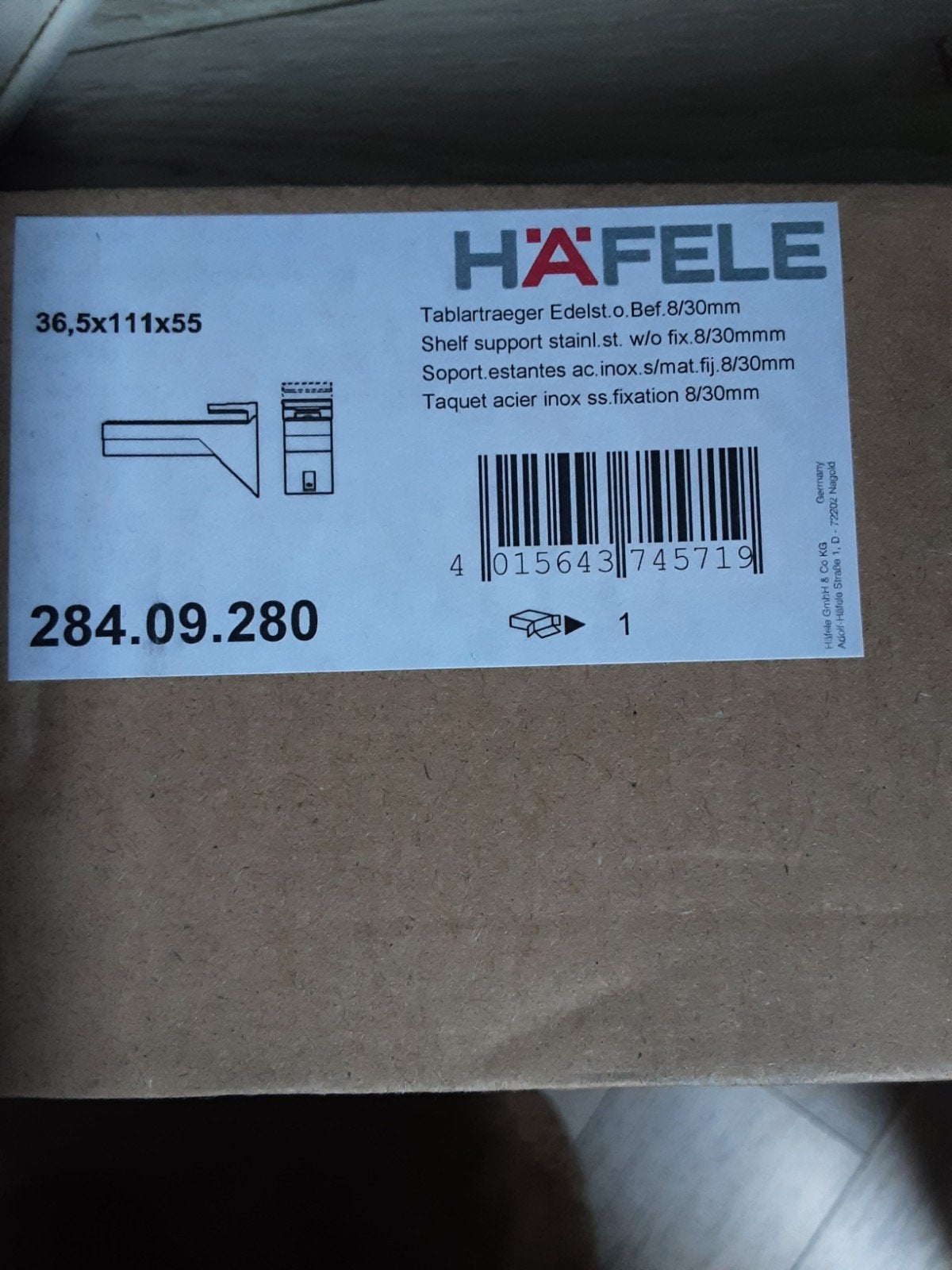 Häfele Plankdrager RVS 8/30mm - 36,5x111x55, Huis en Inrichting, Ophalen, Nieuw
