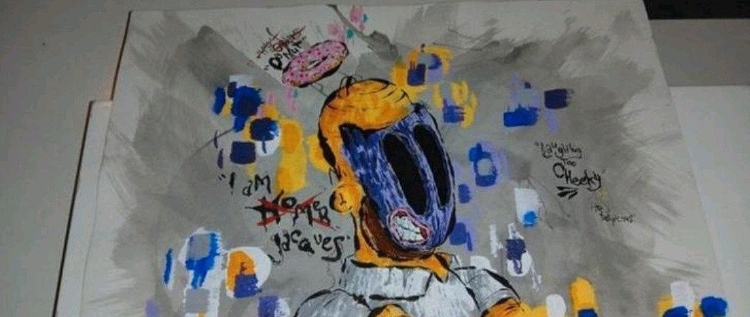 Uniek Pop Art Schilderij Homer Simpson, Antiek en Kunst, Acrylverf, Handgeschilderd, Papier/karton, Ophalen of Verzenden
