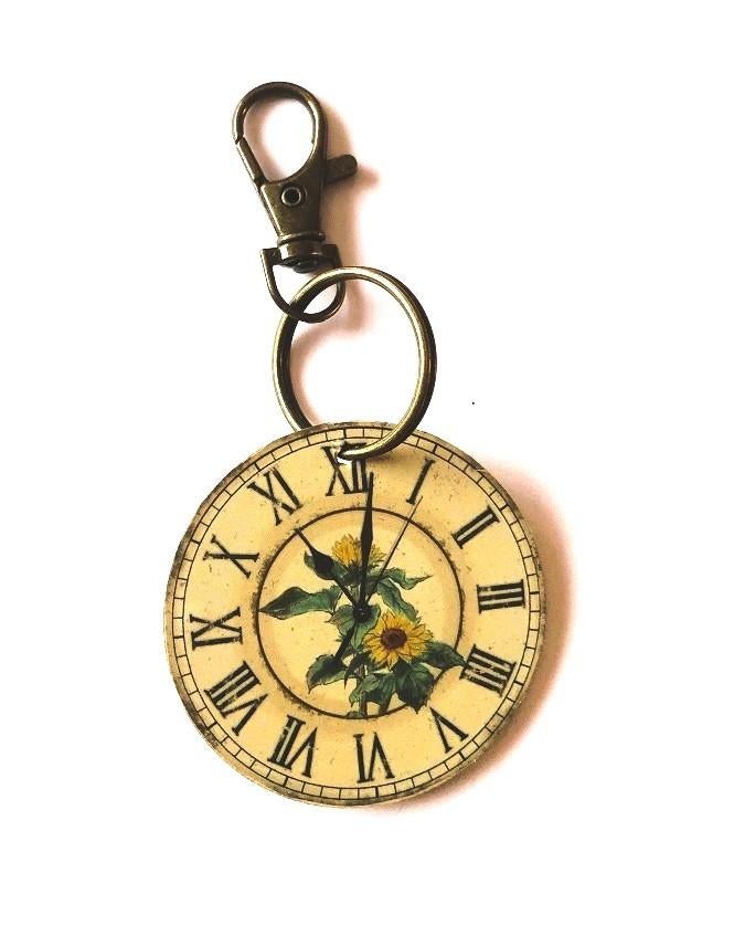 Sleutelhanger vintage klok hout - zonnebloem - metaal brons, Verzenden, Nieuw, Merk