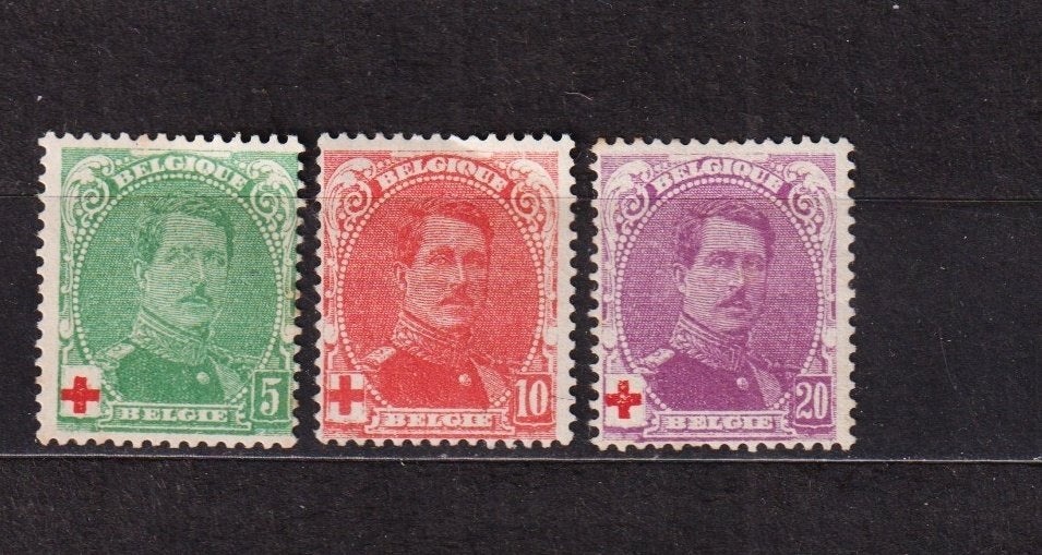 België 1914 OBP 129/131 Albert I, Ophalen, Spoor van plakker, Postfris, Rode kruis