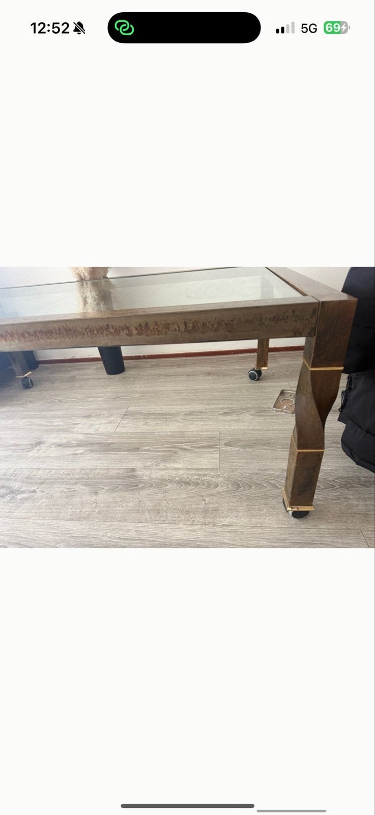 Glazen salontafel met gouden accenten, Ophalen, 50 – 75, Gebruikt, 100 tot 150 cm