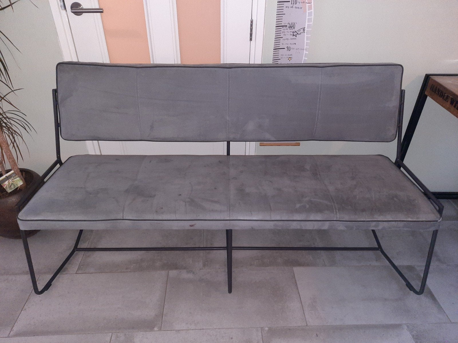 Grijze eetkamerbank met metalen frame - Gebruikt, Ophalen, Gebruikt, Minder dan 75 cm, 150 tot 200 cm