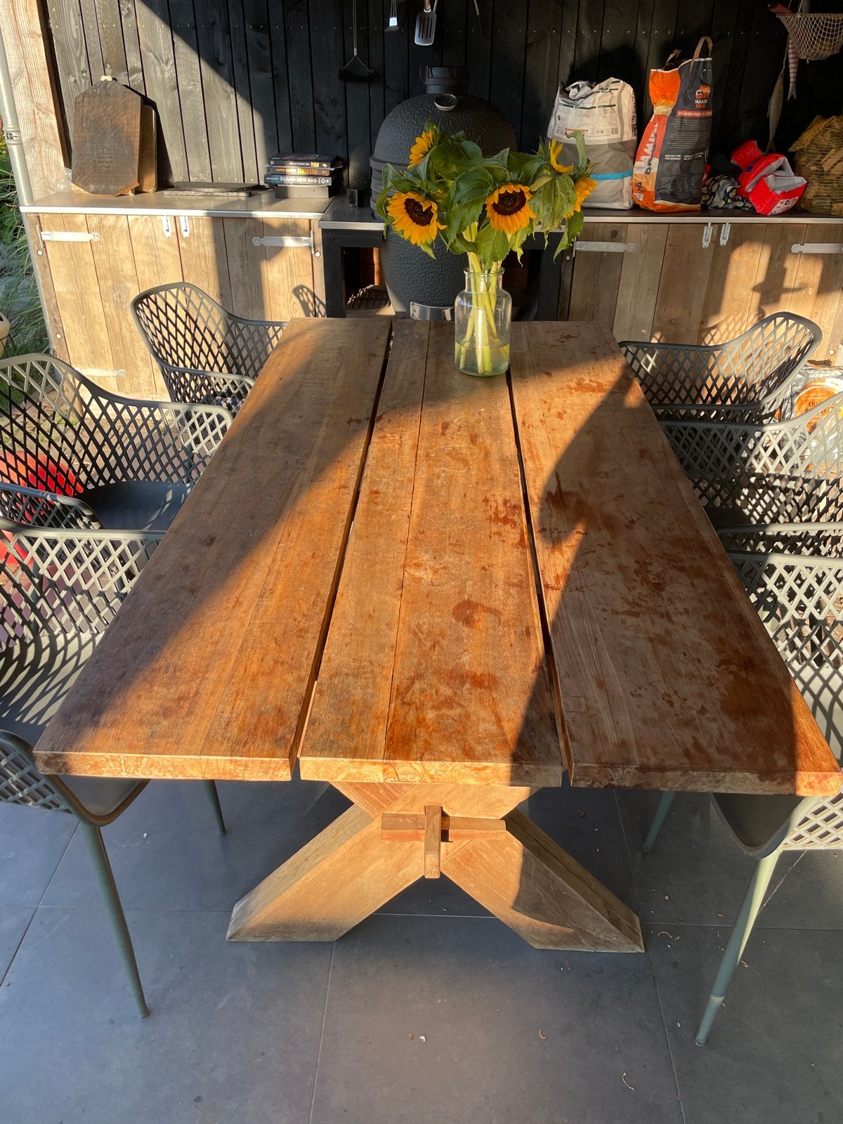 Robuuste Teakhouten Tuintafel met X-poten, Ophalen, Gebruikt, Rechthoekig, Teakhout