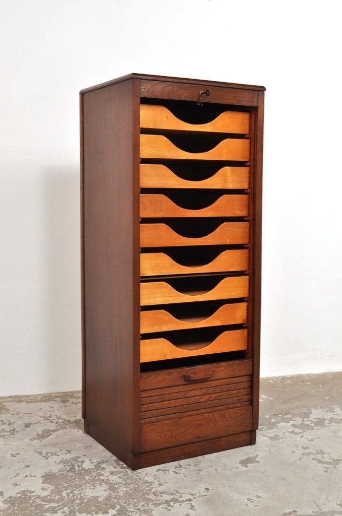 Vintage eiken roldeurkast rolluikkast archiefkast kast 1930