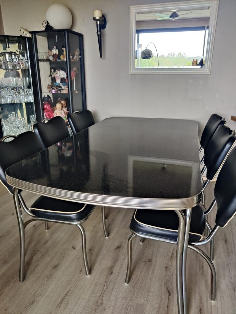 Bel Air Retro Vintage Eethoek - Zwart/Chroom, Ophalen, 100 tot 150 cm, Vijf personen of meer, 150 tot 200 cm